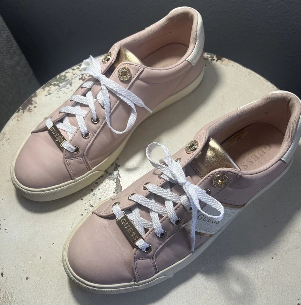 GUESS Pink/Gold/White Low Top Lace-Up Logo Sneakers Women’s Size 8